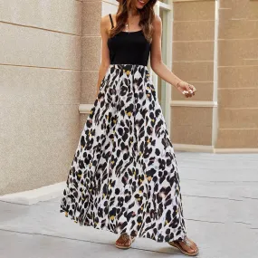 Spaghetti Strap Sleeveless Leopard Print Maxi Bohemian Beach Vacation Midi Fashion Dress