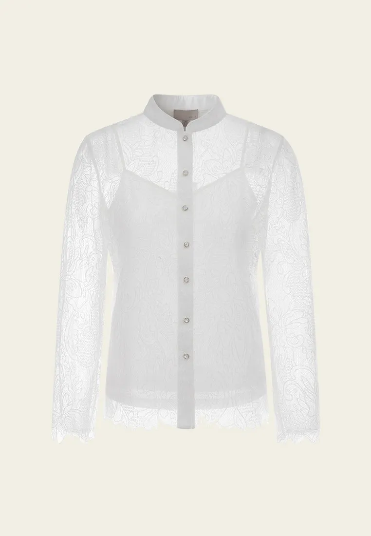 Stand-collar Crystal-button Lace Shirt