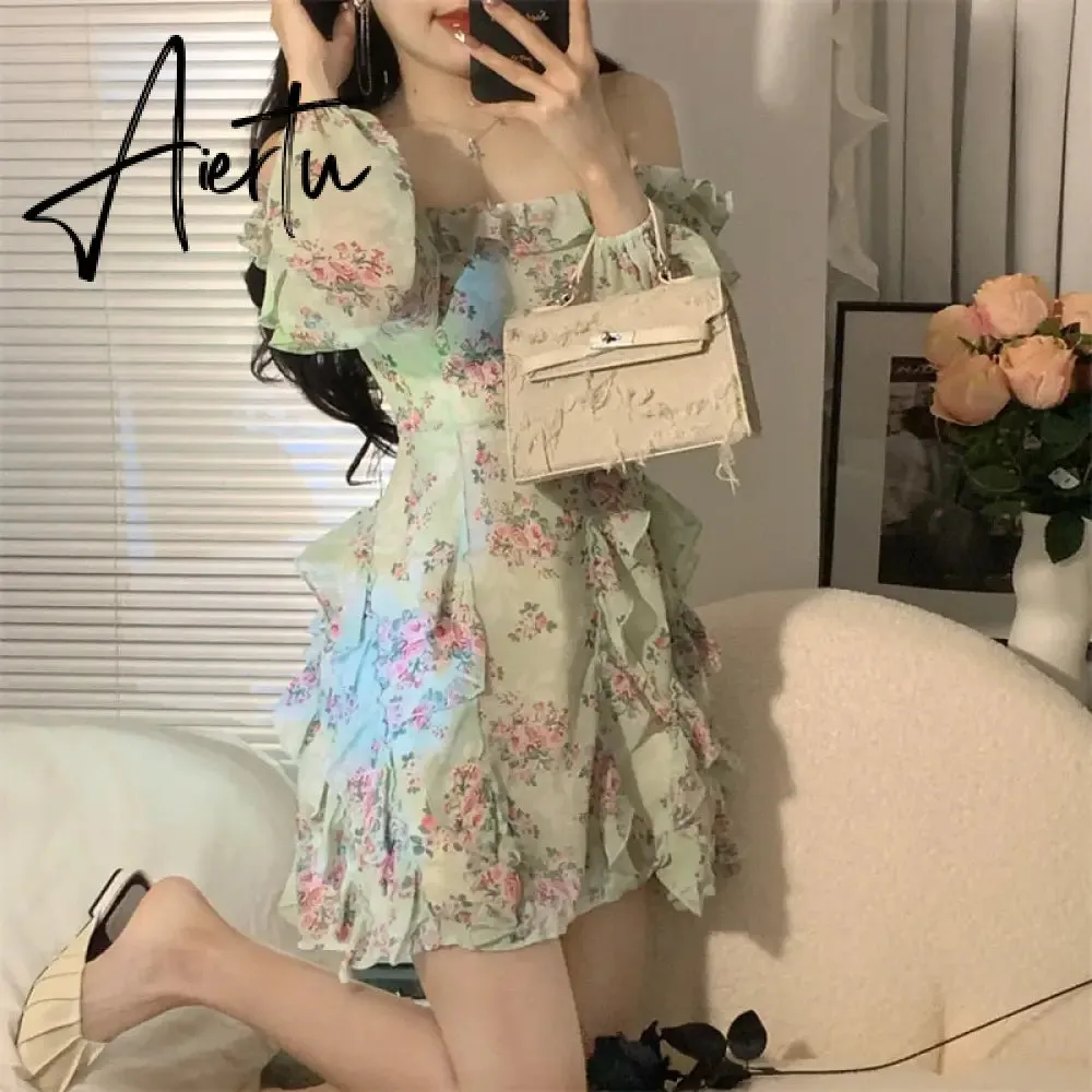 Summer New Off Shoulder Strap Dress Women Floral Short Dress Long Sleeve Bohemian A-line Beach Dress Robe Femme Clothing