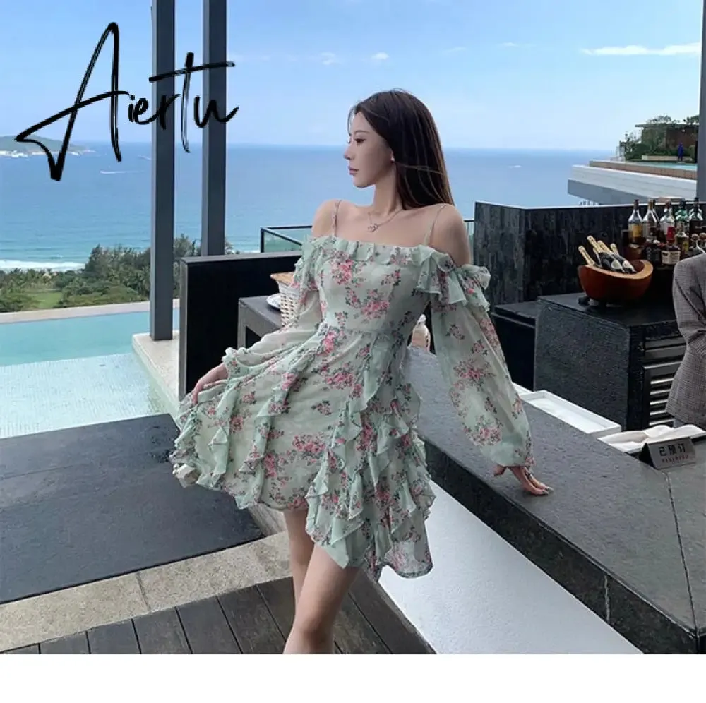 Summer New Off Shoulder Strap Dress Women Floral Short Dress Long Sleeve Bohemian A-line Beach Dress Robe Femme Clothing