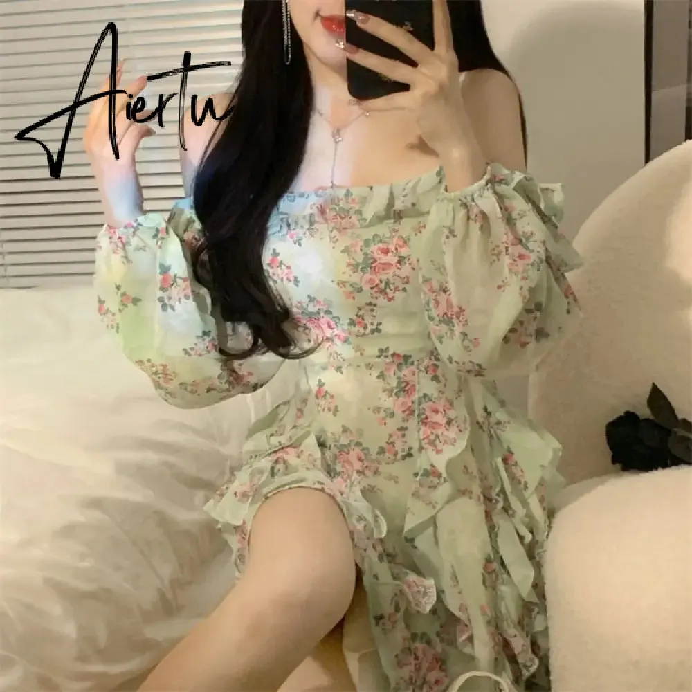 Summer New Off Shoulder Strap Dress Women Floral Short Dress Long Sleeve Bohemian A-line Beach Dress Robe Femme Clothing