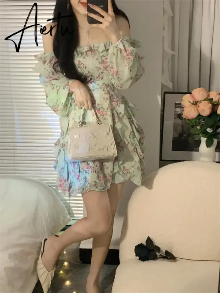 Summer New Off Shoulder Strap Dress Women Floral Short Dress Long Sleeve Bohemian A-line Beach Dress Robe Femme Clothing