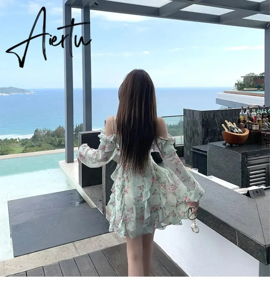 Summer New Off Shoulder Strap Dress Women Floral Short Dress Long Sleeve Bohemian A-line Beach Dress Robe Femme Clothing