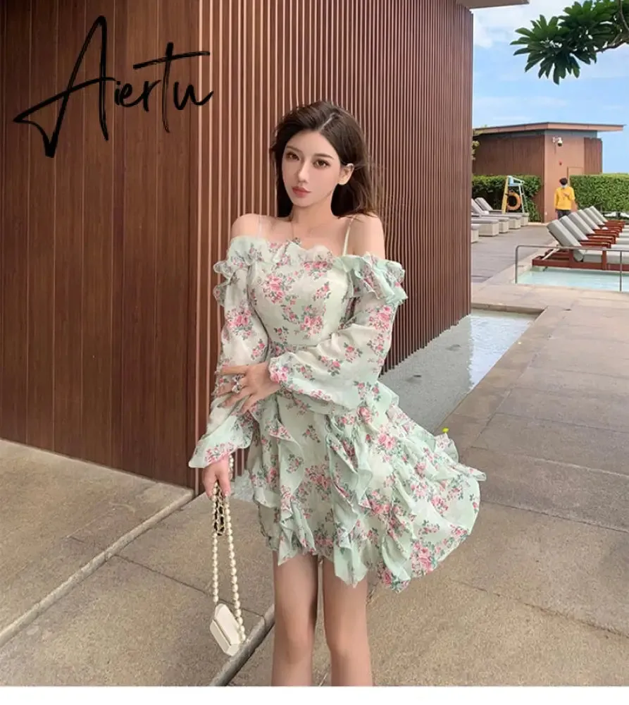 Summer New Off Shoulder Strap Dress Women Floral Short Dress Long Sleeve Bohemian A-line Beach Dress Robe Femme Clothing