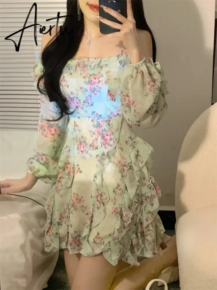 Summer New Off Shoulder Strap Dress Women Floral Short Dress Long Sleeve Bohemian A-line Beach Dress Robe Femme Clothing