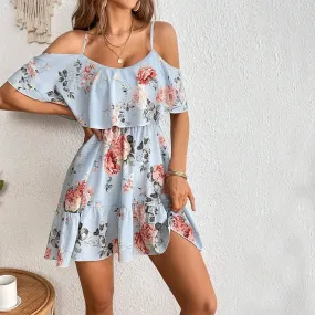 Summer Women's 2024 New Skinny Short Ruffle Sleeves Casual Loose Floral Print Mini Dress