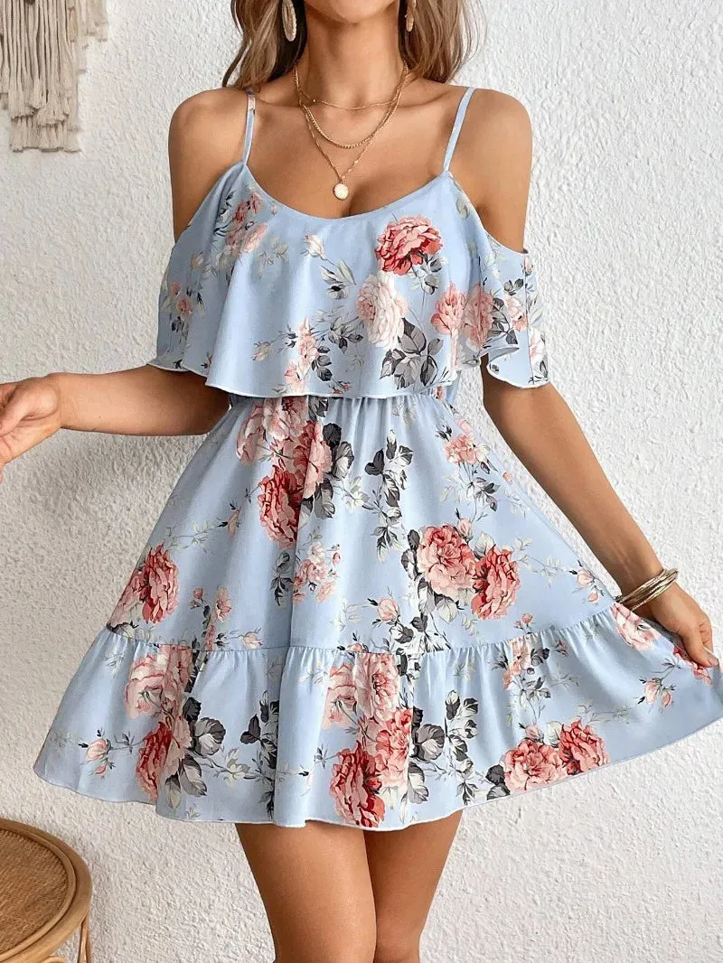 Summer Women's 2024 New Skinny Short Ruffle Sleeves Casual Loose Floral Print Mini Dress