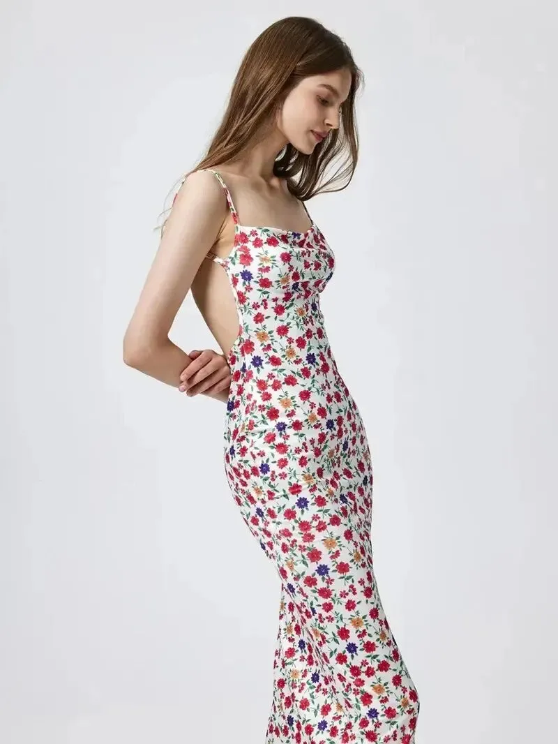 Suspender Dress Backless Slimming Dress Simple Printed Banquet dress