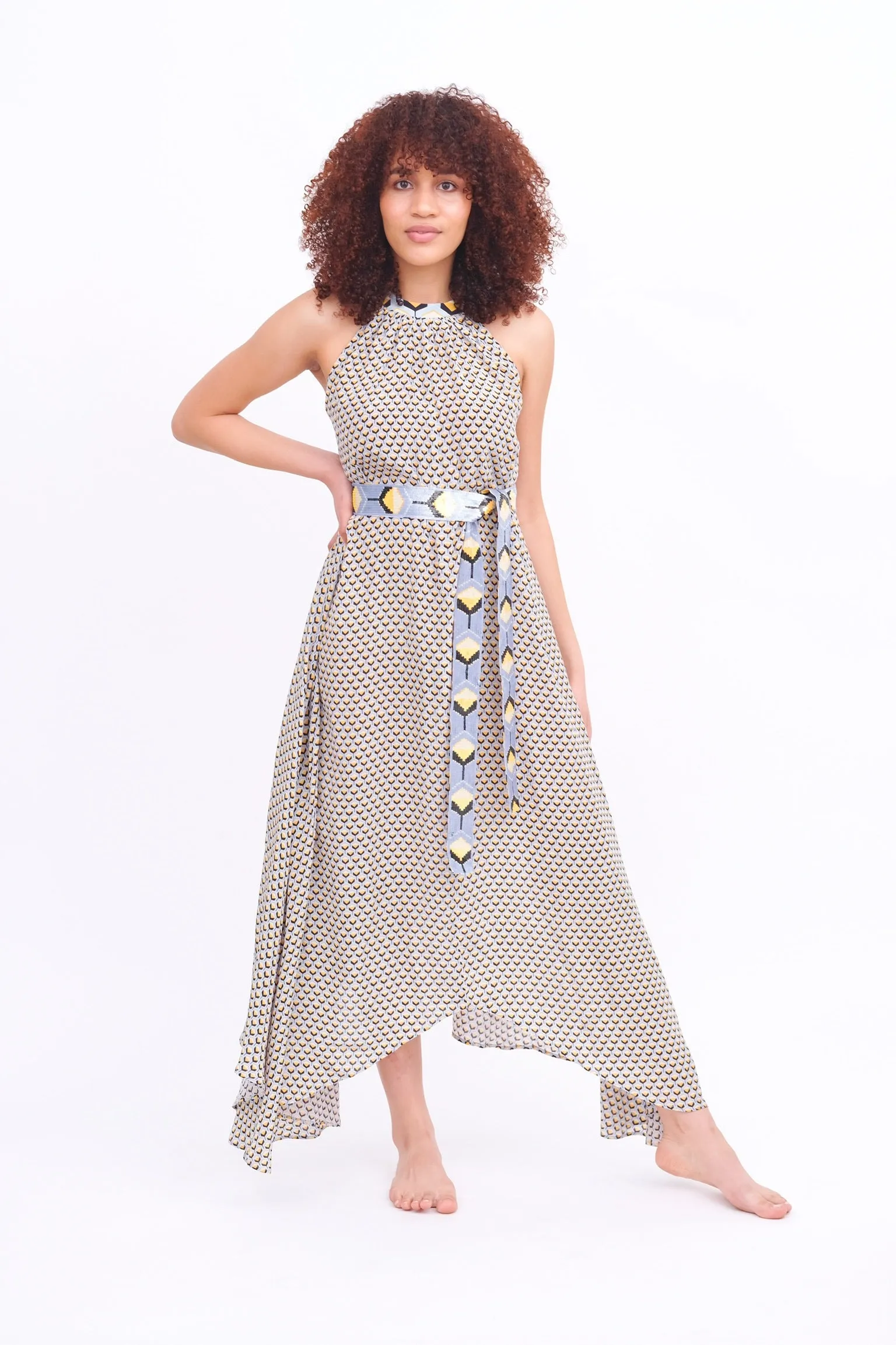 Taj Navy & Gold Asymmetrical Maxi Dress