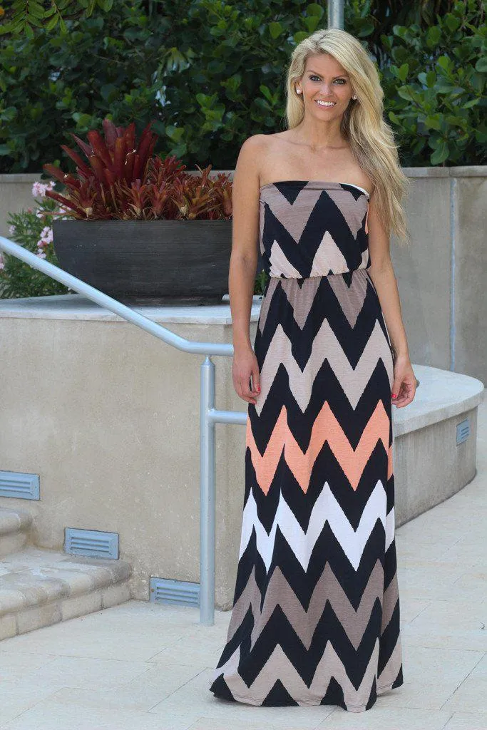 Taupe Strapless Chevron Maxi Dress