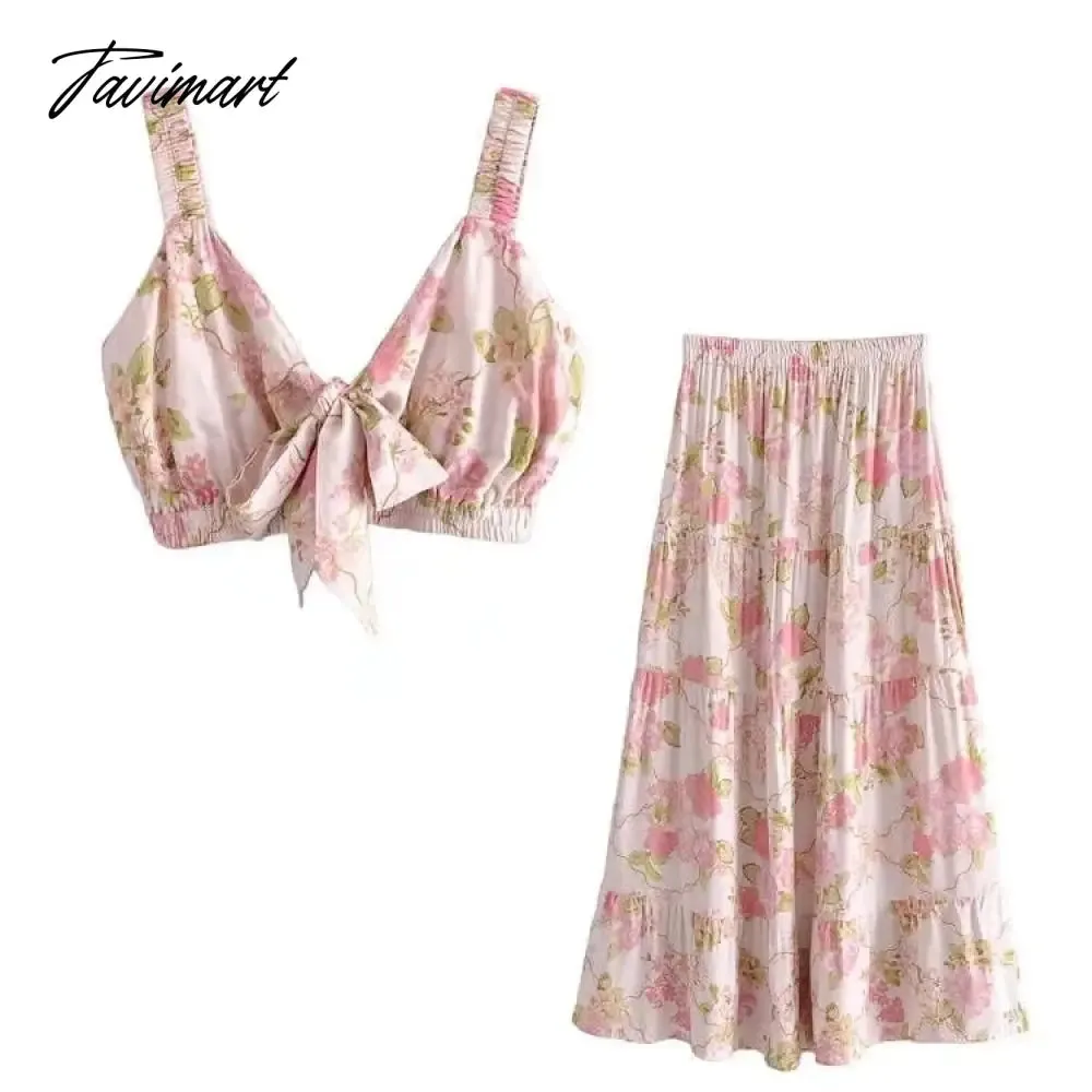 Tavimart Indie Folk Bohemian Vintage Floral Print Camisole Tanl And High Waist Midi SkirtsTops Sets Women