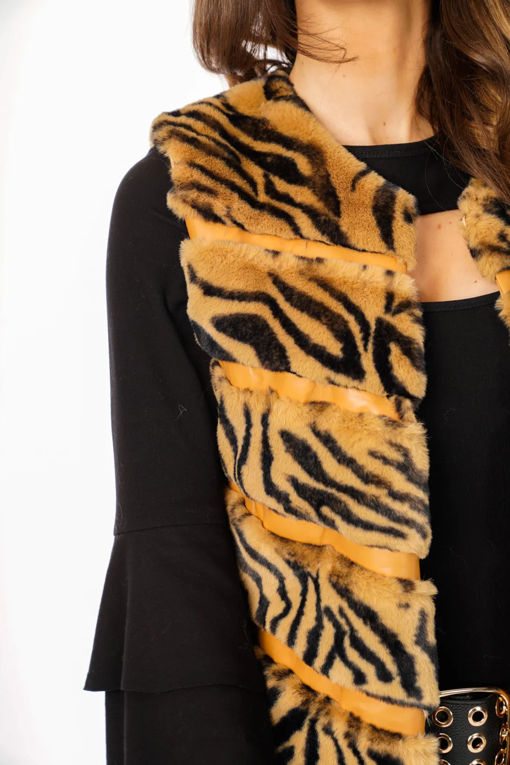 Tiger Print Chevron Soft Faux Fur Leather Panel Gilet