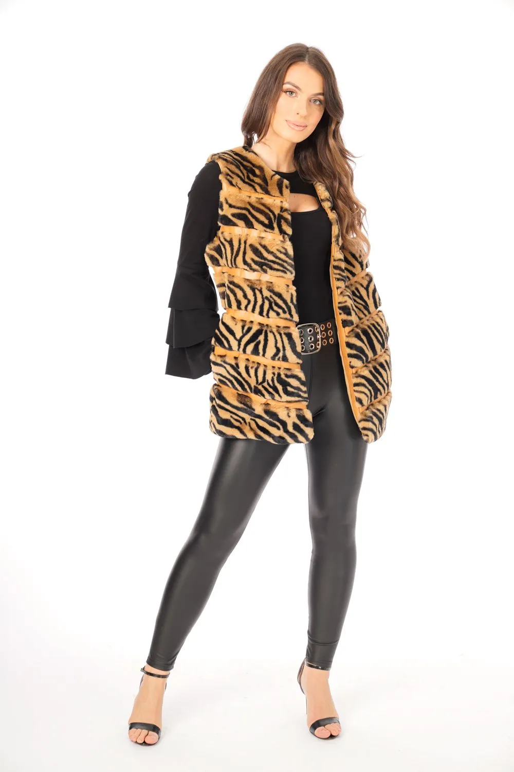 Tiger Print Chevron Soft Faux Fur Leather Panel Gilet