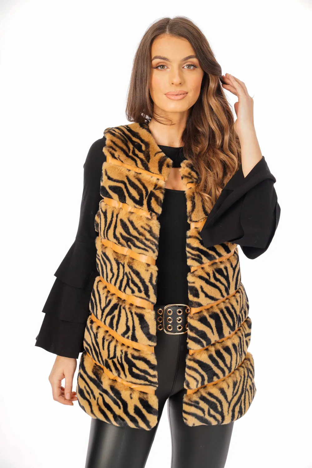 Tiger Print Chevron Soft Faux Fur Leather Panel Gilet