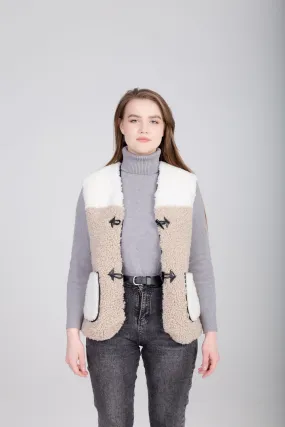 Two-Colored Beige Womens Shearling Vest with Leather Patch Buckle Buttons