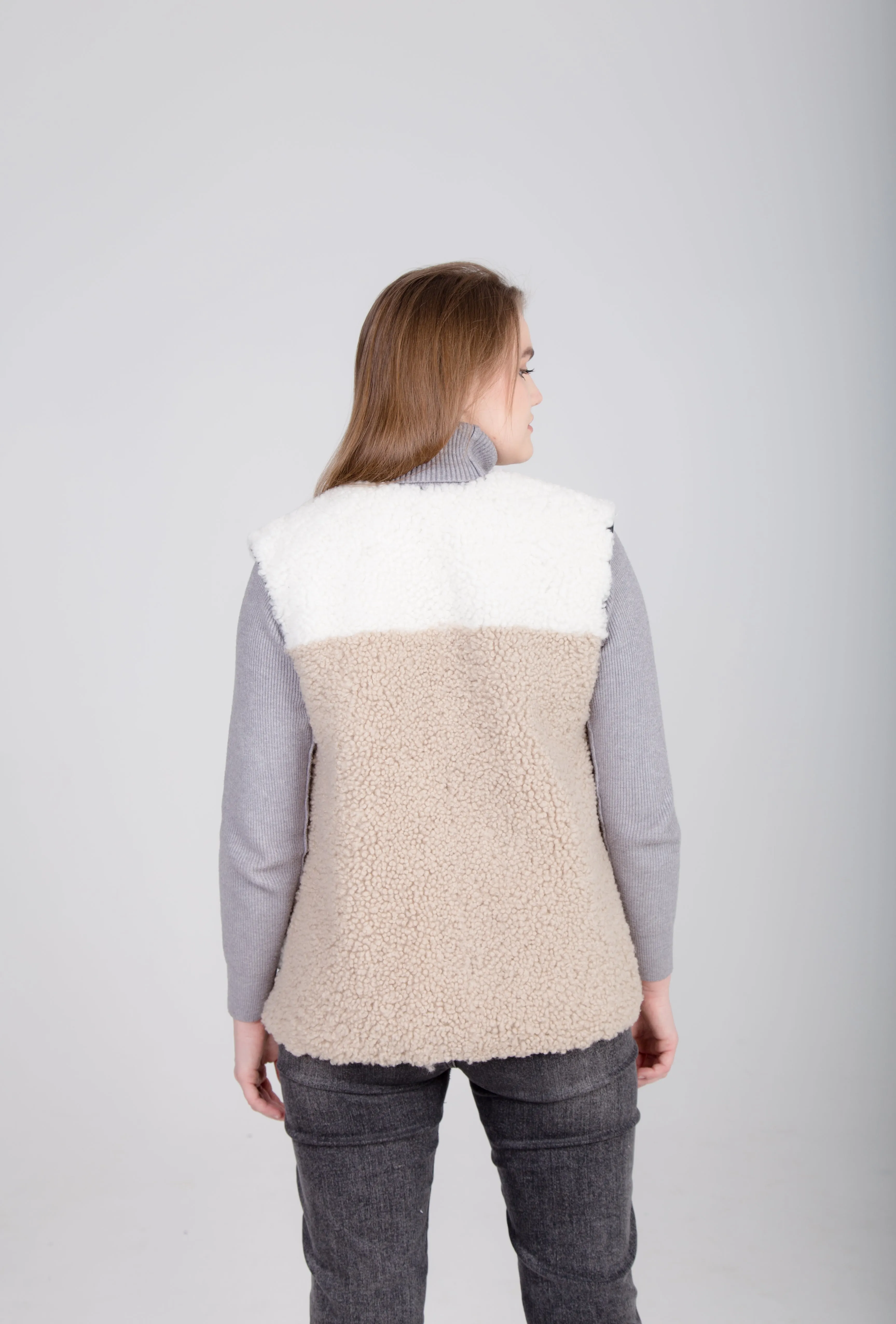 Two-Colored Beige Womens Shearling Vest with Leather Patch Buckle Buttons