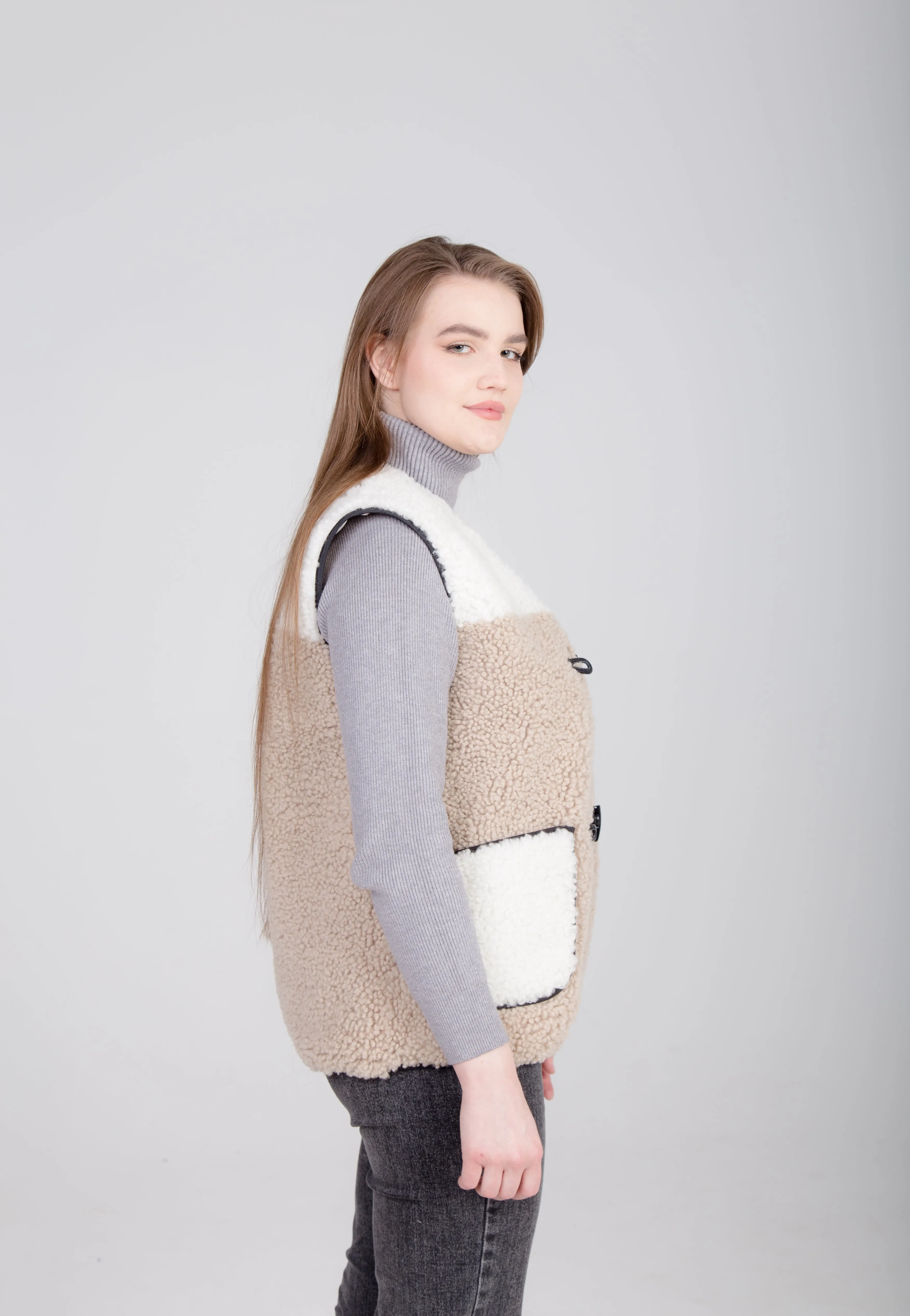 Two-Colored Beige Womens Shearling Vest with Leather Patch Buckle Buttons