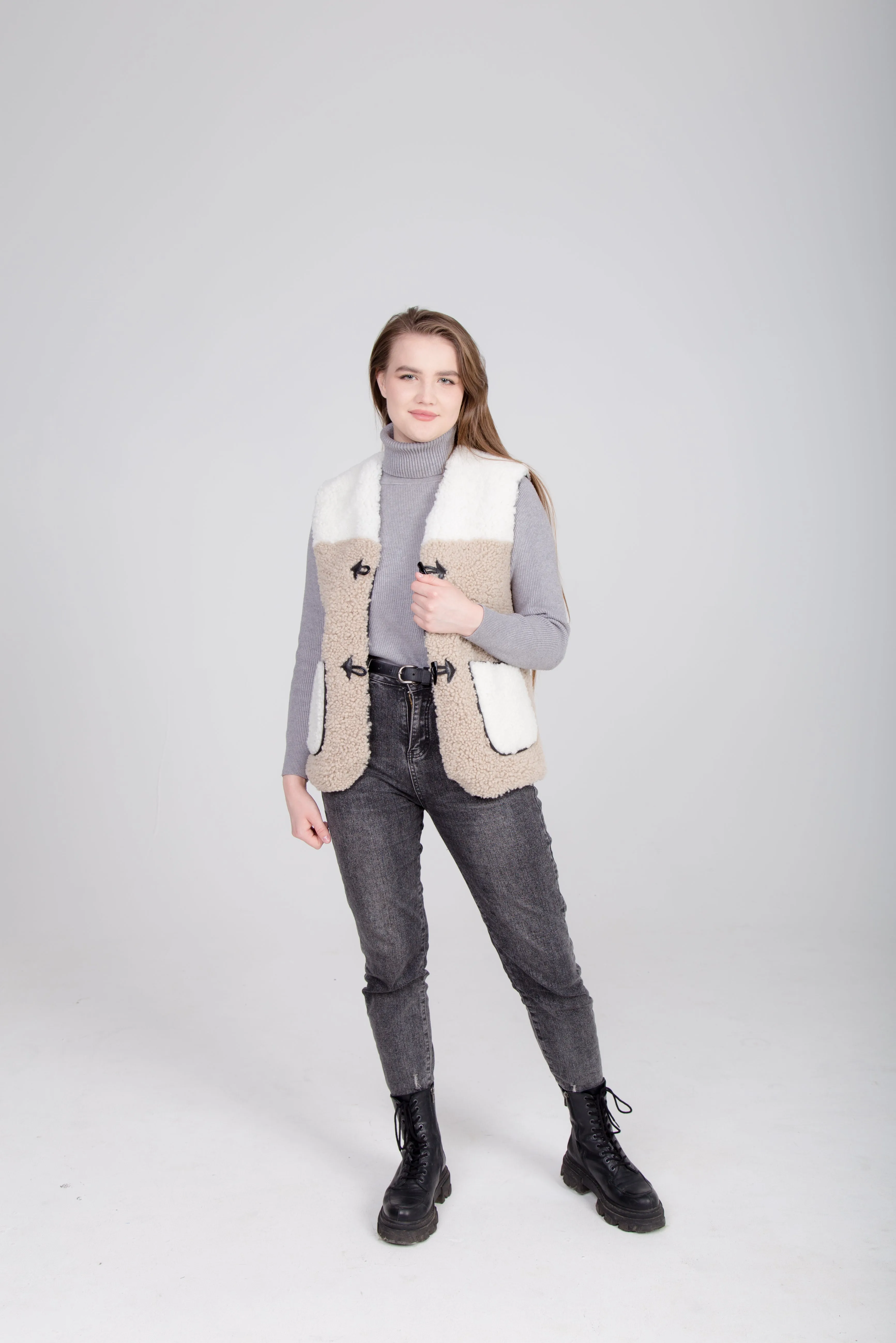 Two-Colored Beige Womens Shearling Vest with Leather Patch Buckle Buttons