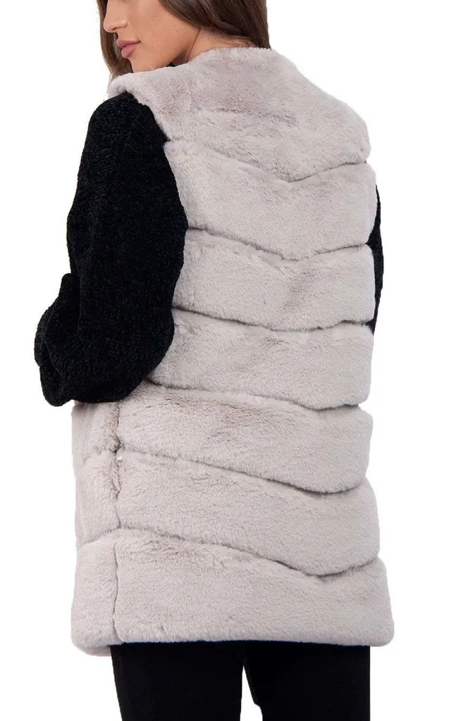 Ultra Soft Chevron Faux Rabbit Fur Leather Panel Gilet