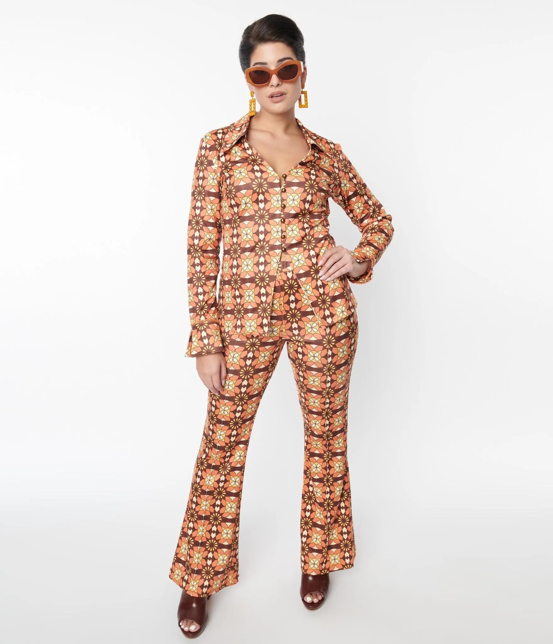 Unique Vintage 1970s Orange & Brown Mosaic Flare Pants