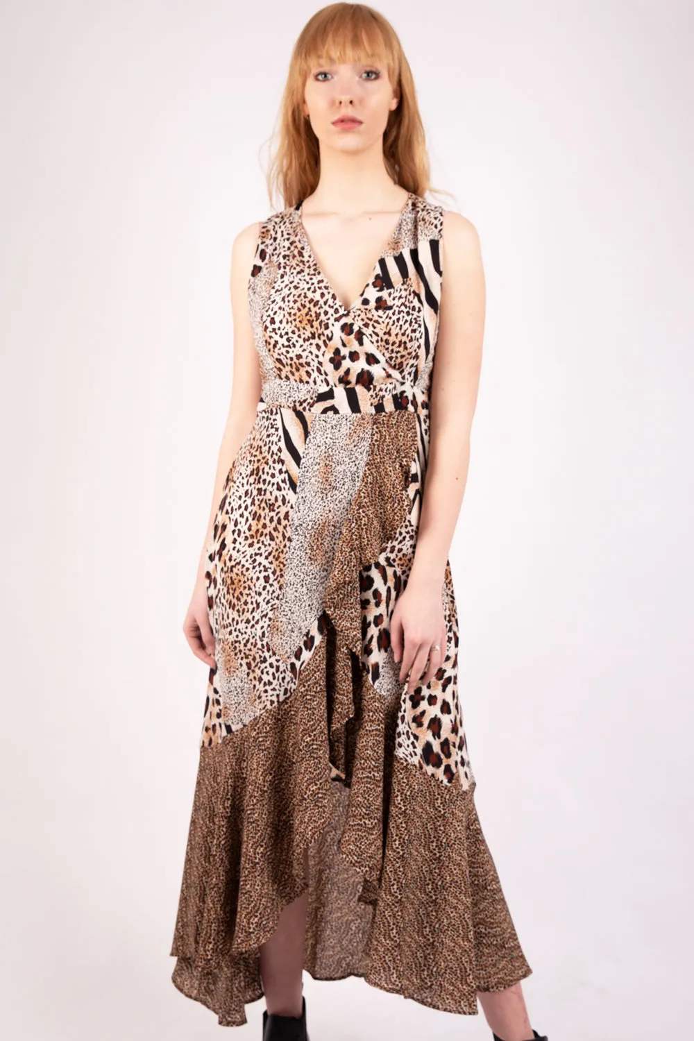 V Neck Chiffon Leopard Print Frill Maxi Dress