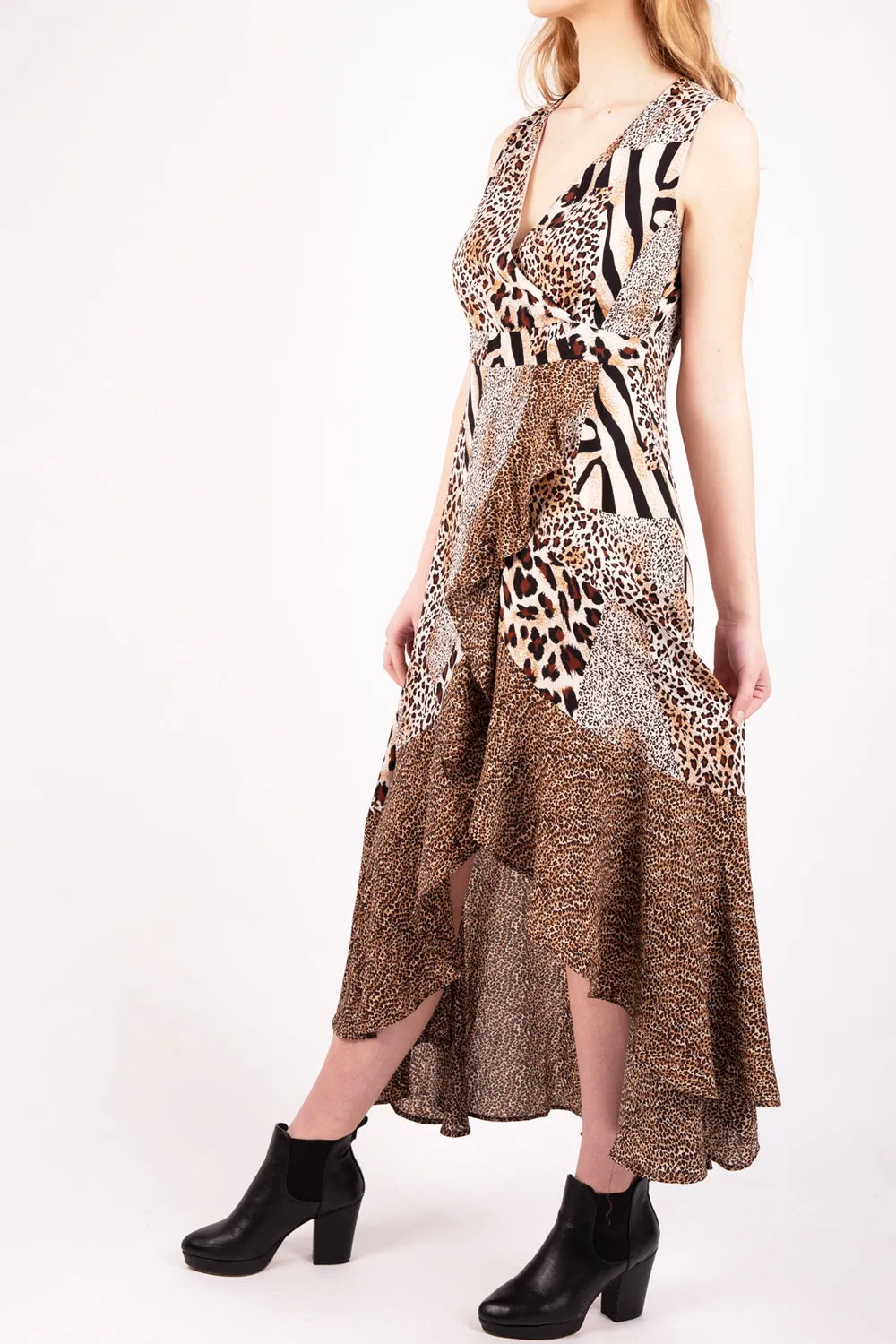 V Neck Chiffon Leopard Print Frill Maxi Dress