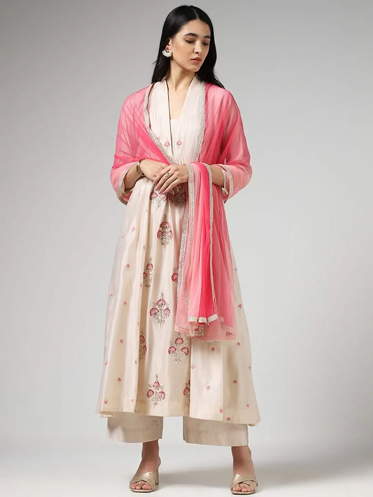 Vark Embroidered Light Beige Kurta with Palazzos & Dupatta