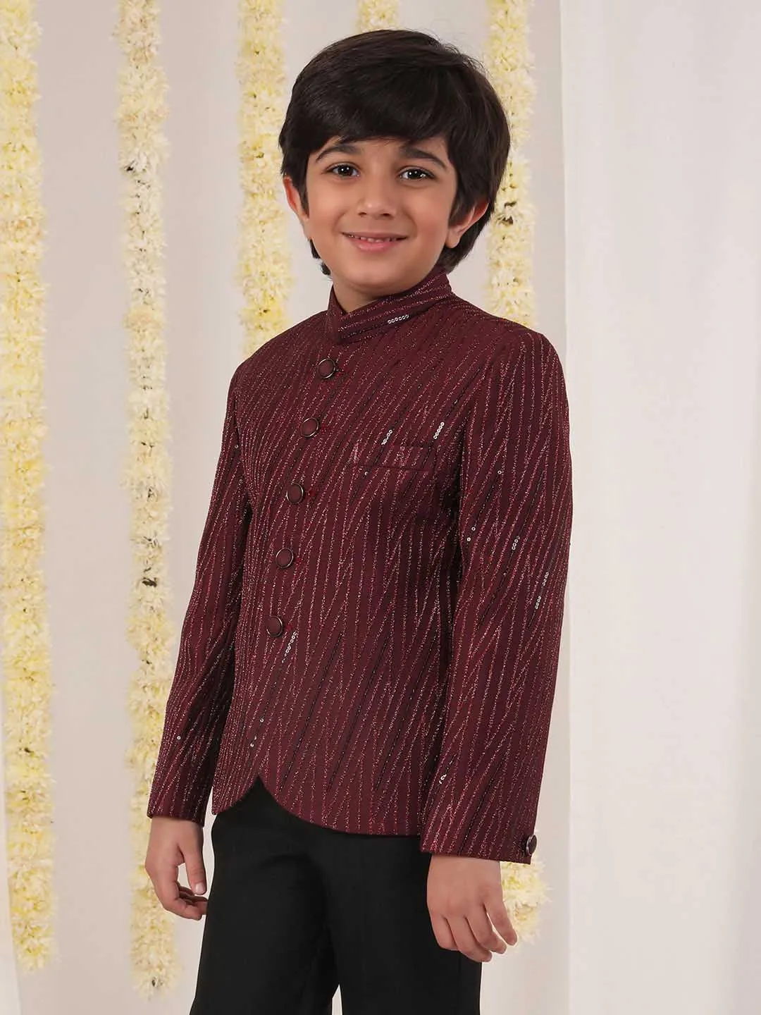 VASTRAMAY Boy's Maroon Sequined Jodhpuri