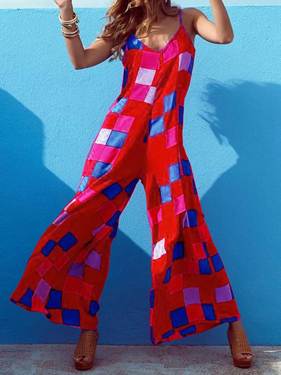 Vintage Bohemian Loose Geometric Print Camisole Jumpsuit