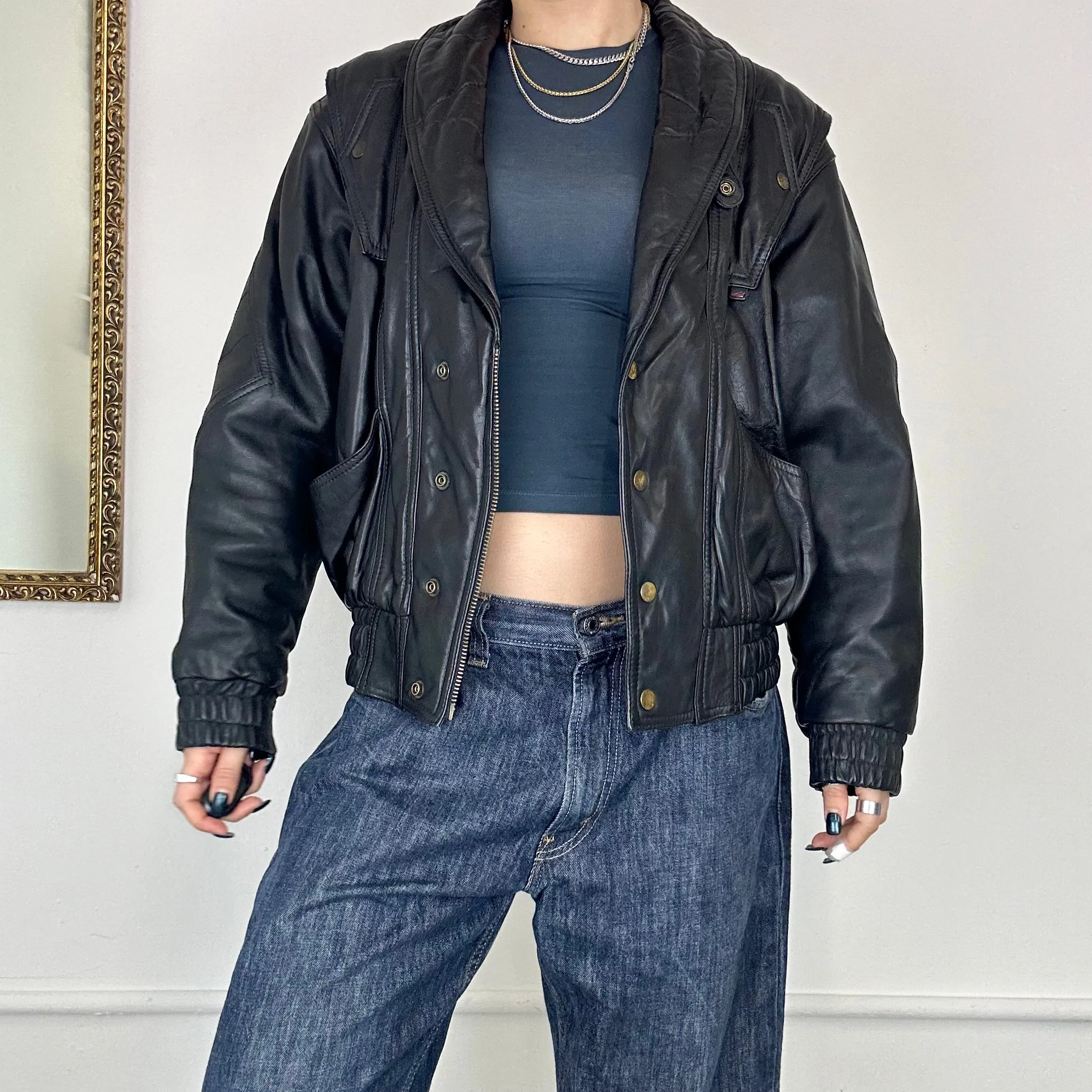 vintage leather bomber jacket with zip off arms