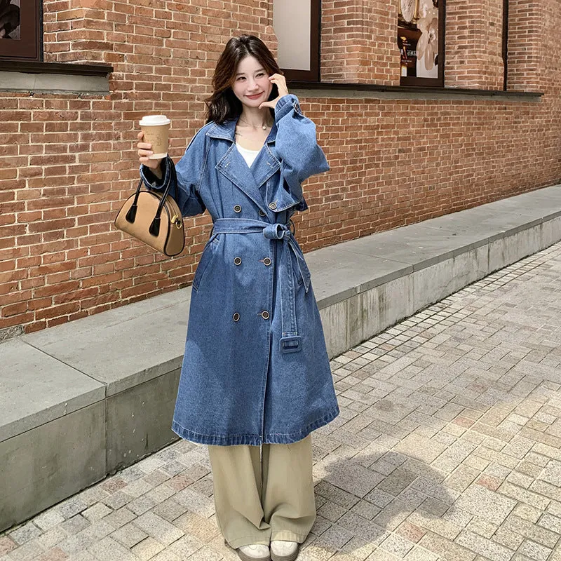 Wenkouban fall women's outfits Autumn and Winter Denim Coat Hooded Long-Sleeved Denim Shirt Single-Breasted Long Denim Trench Coat for Women