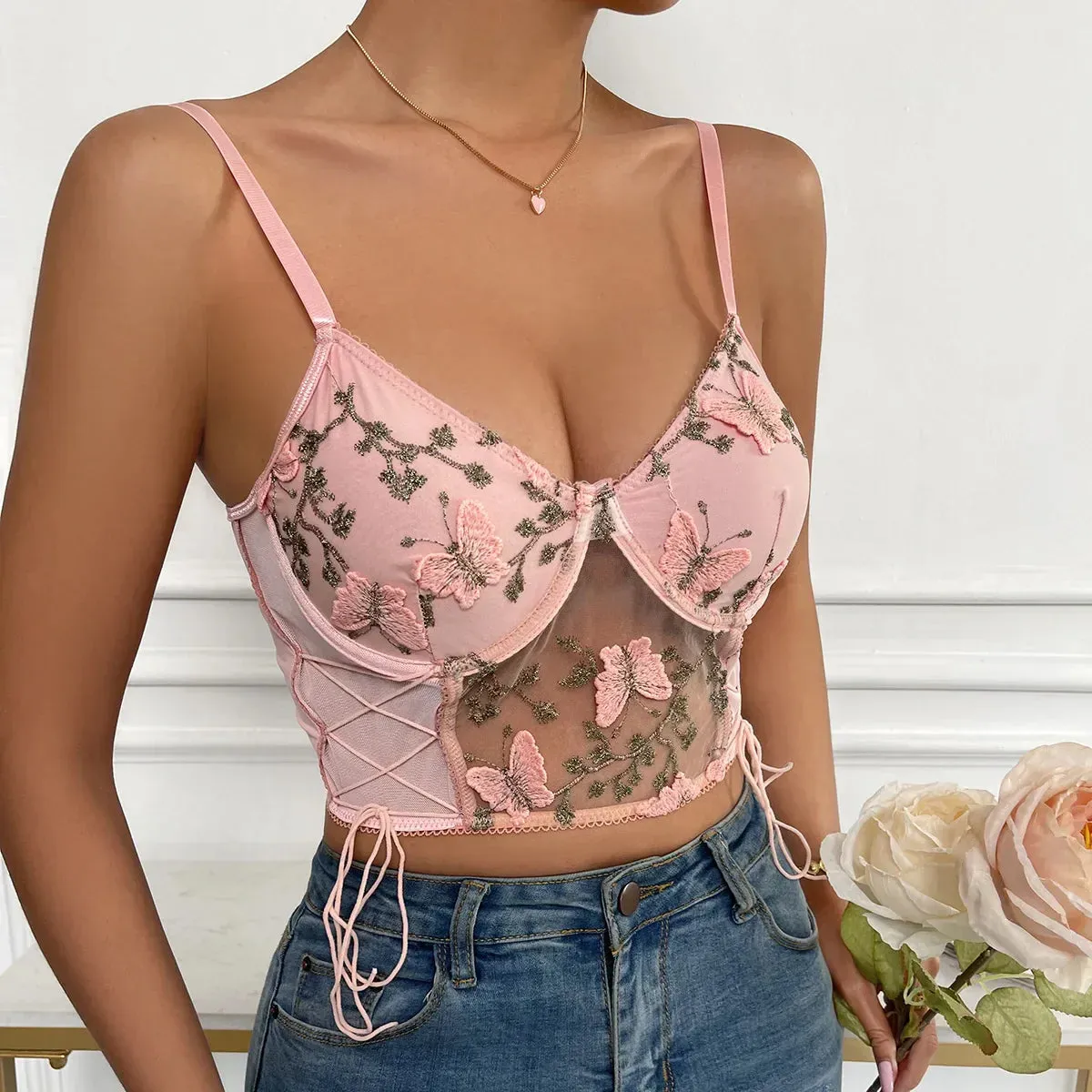 Wenkouban- Spaghetti Strap Lace Camisole Crop Top Butterfly Emrbroidery Backless Boho Top