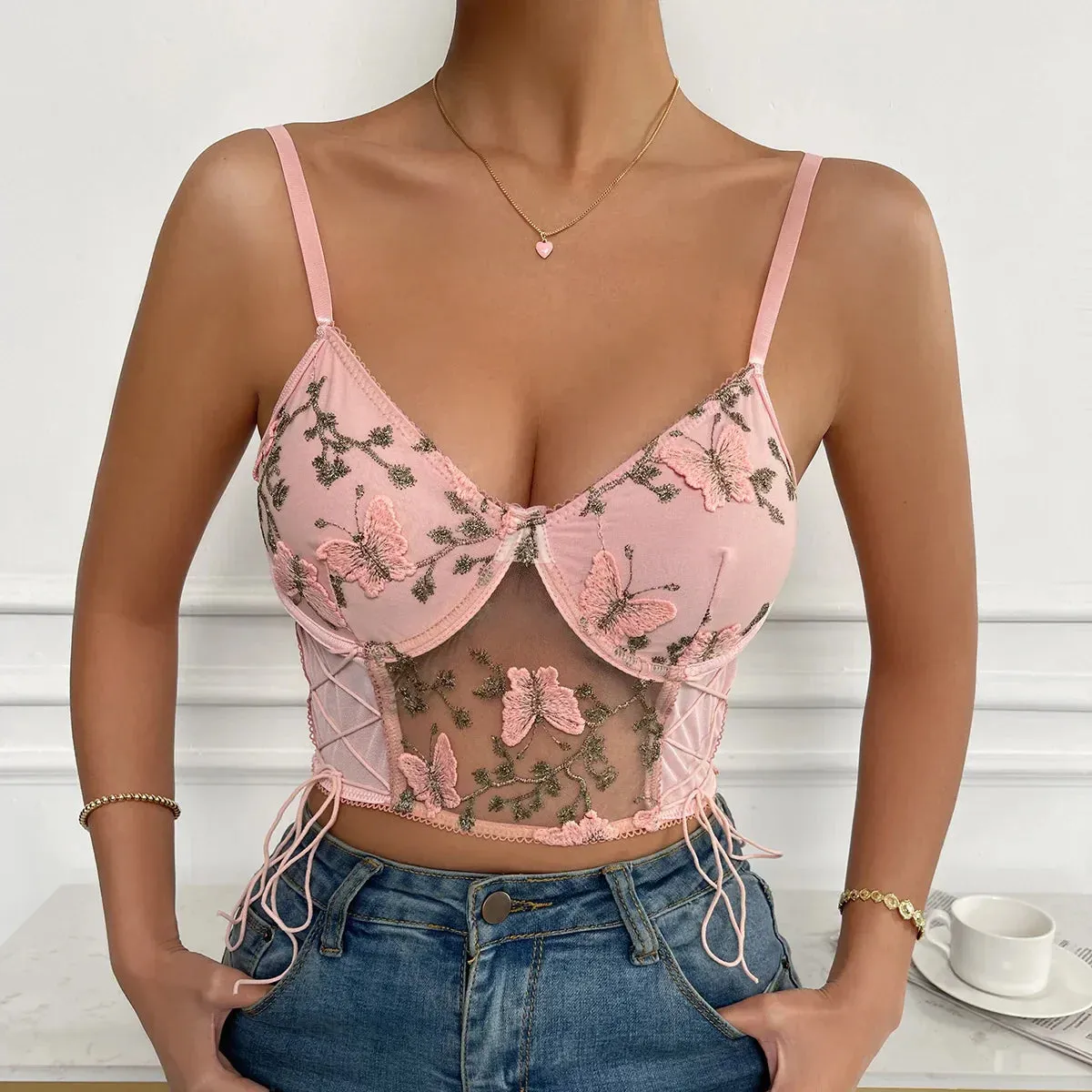 Wenkouban- Spaghetti Strap Lace Camisole Crop Top Butterfly Emrbroidery Backless Boho Top