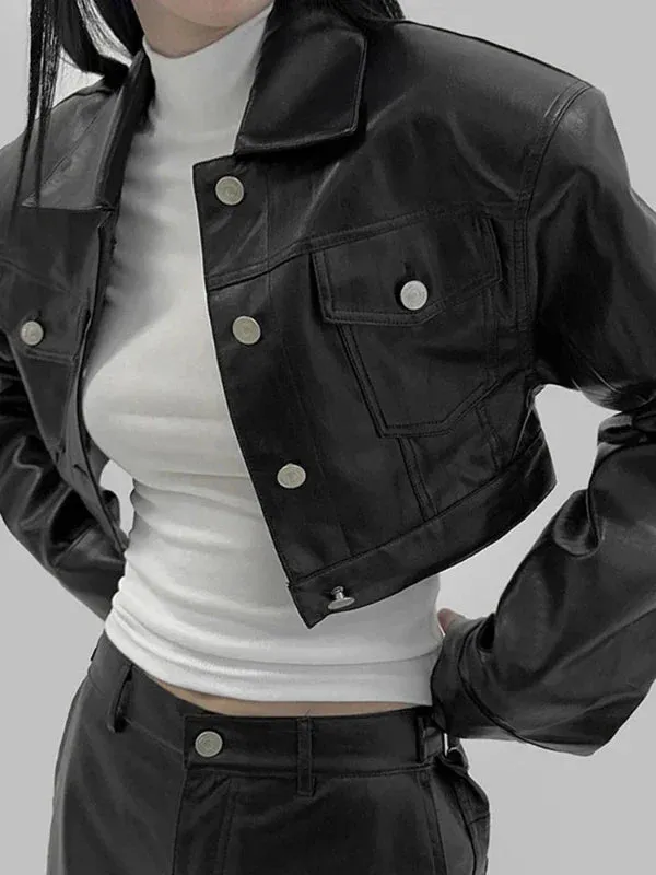 Wenkouban-Winter outfits Christmas Black Friday Shoulder Pad Short Button PU Leather Jacket