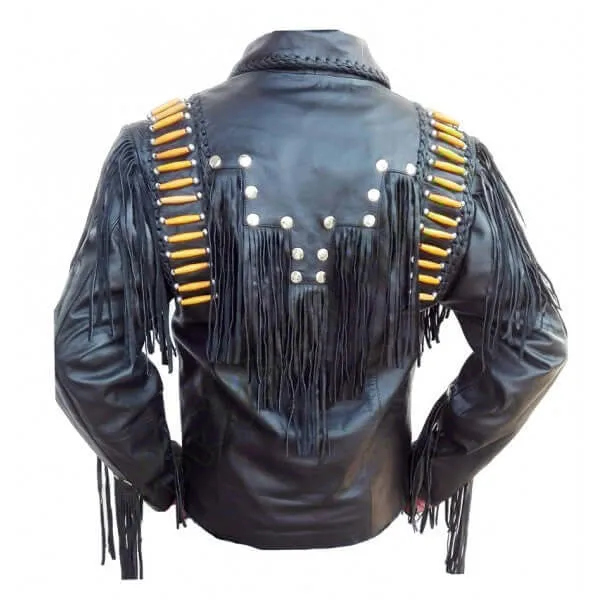 Western Native America Black Fringe Jacket Leath Bones Work