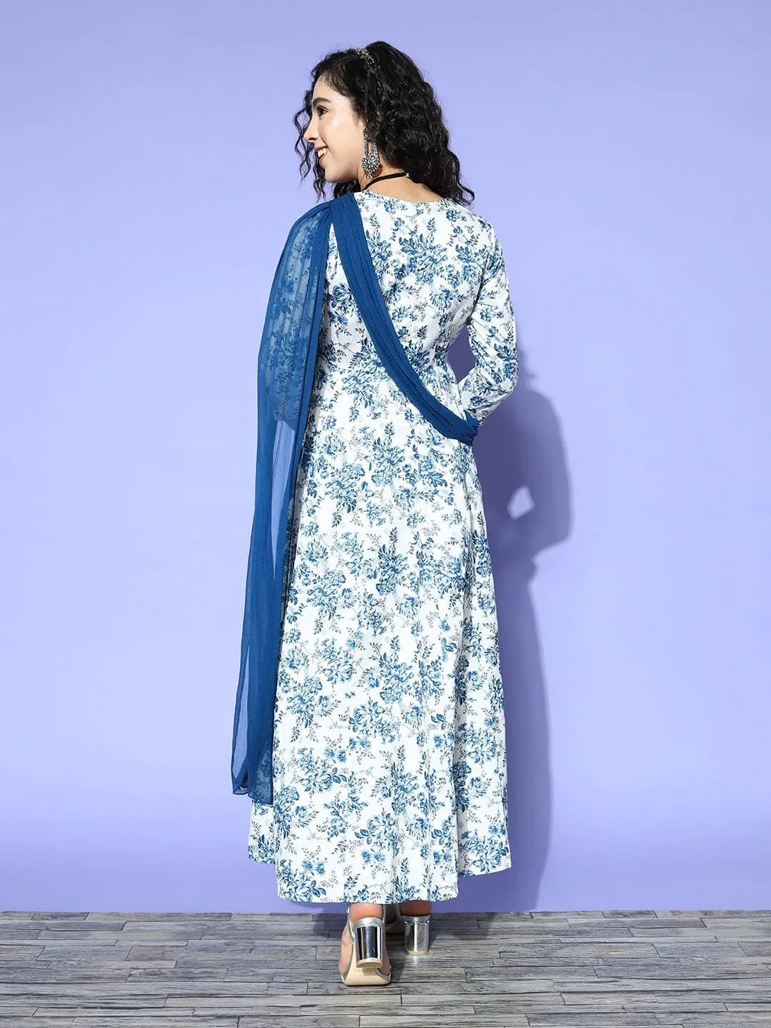 Women Blue Floral Chanderi Attached Pallu Maxi Dress