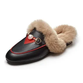 Women Embroidered Fur Pearl Buckle Slippers Mules Flat