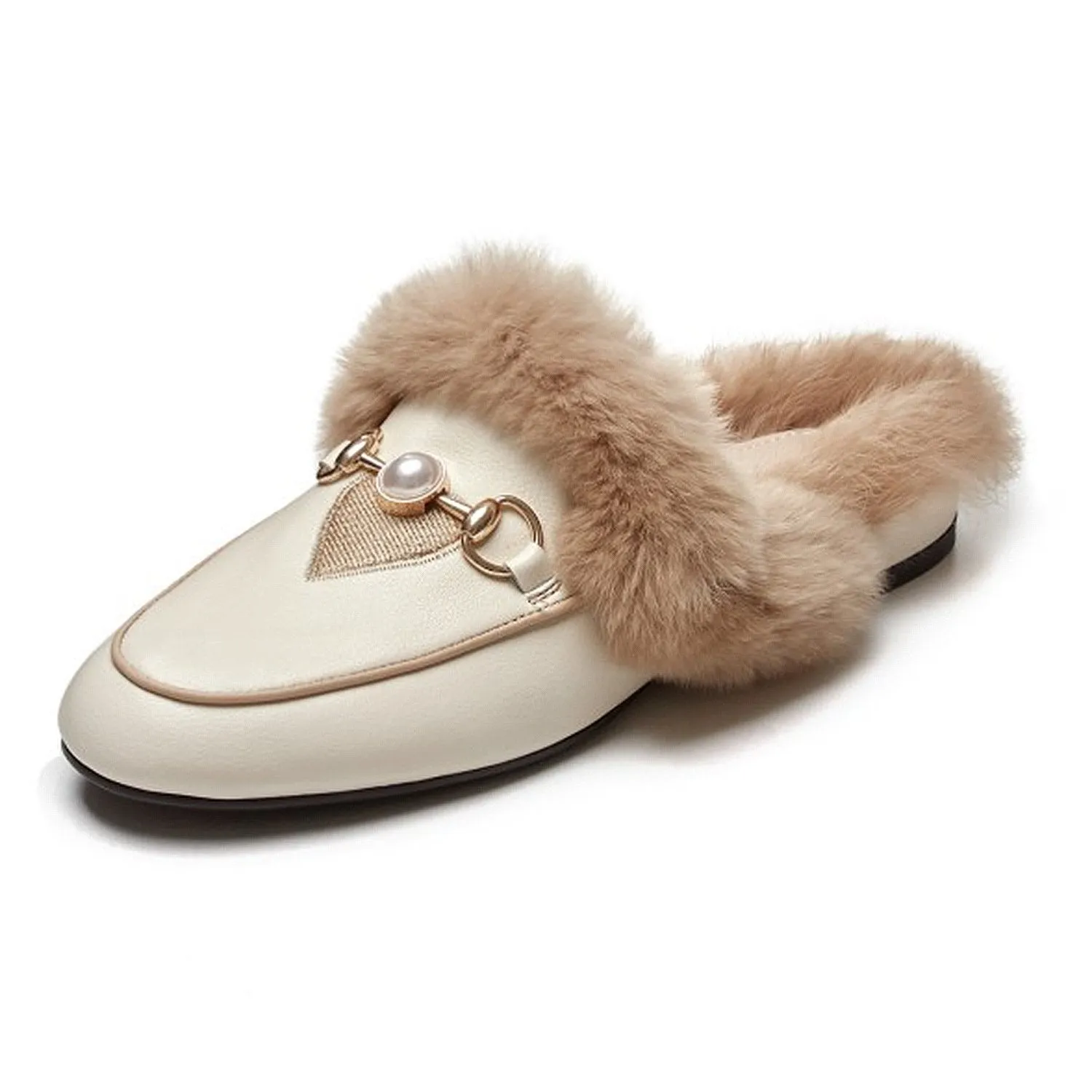 Women Embroidered Fur Pearl Buckle Slippers Mules Flat