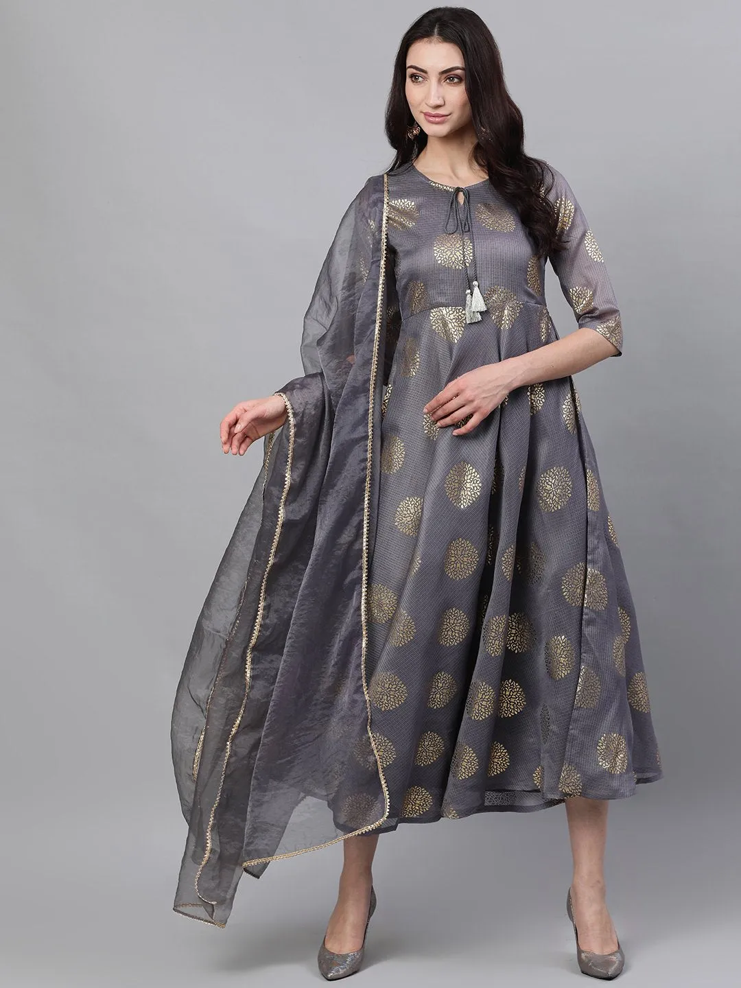 Women Grey Ethnic Motifs Printed Tie-Up Neck Cotton Maxi Dress With Dupatta