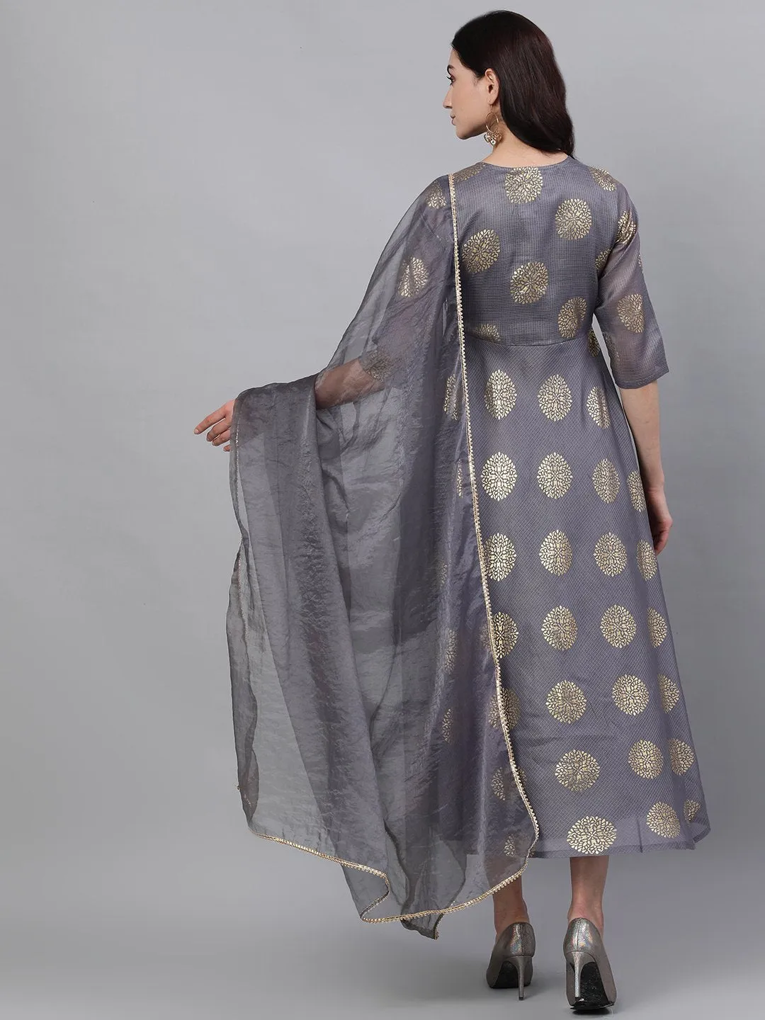 Women Grey Ethnic Motifs Printed Tie-Up Neck Cotton Maxi Dress With Dupatta