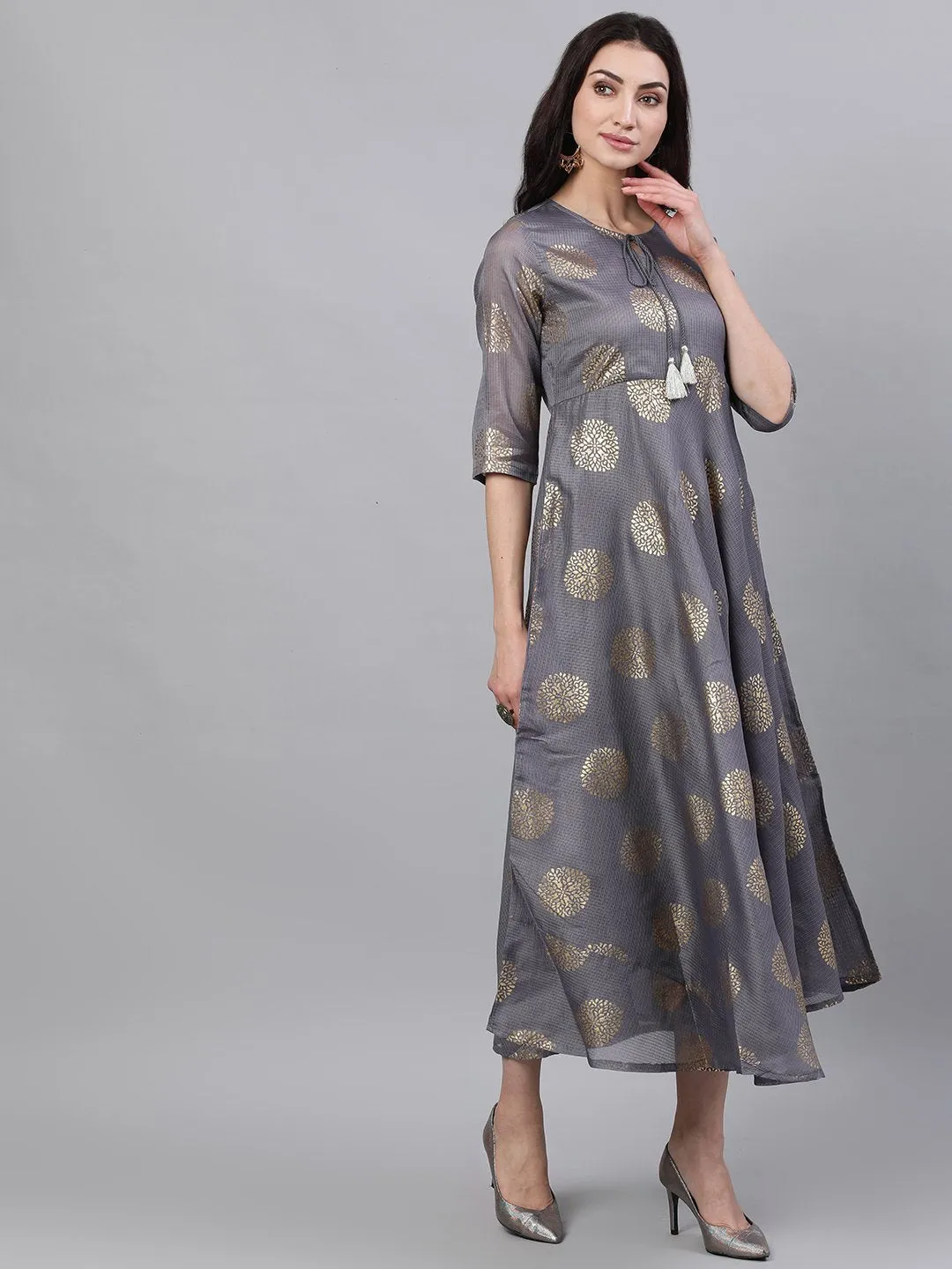 Women Grey Ethnic Motifs Printed Tie-Up Neck Cotton Maxi Dress With Dupatta