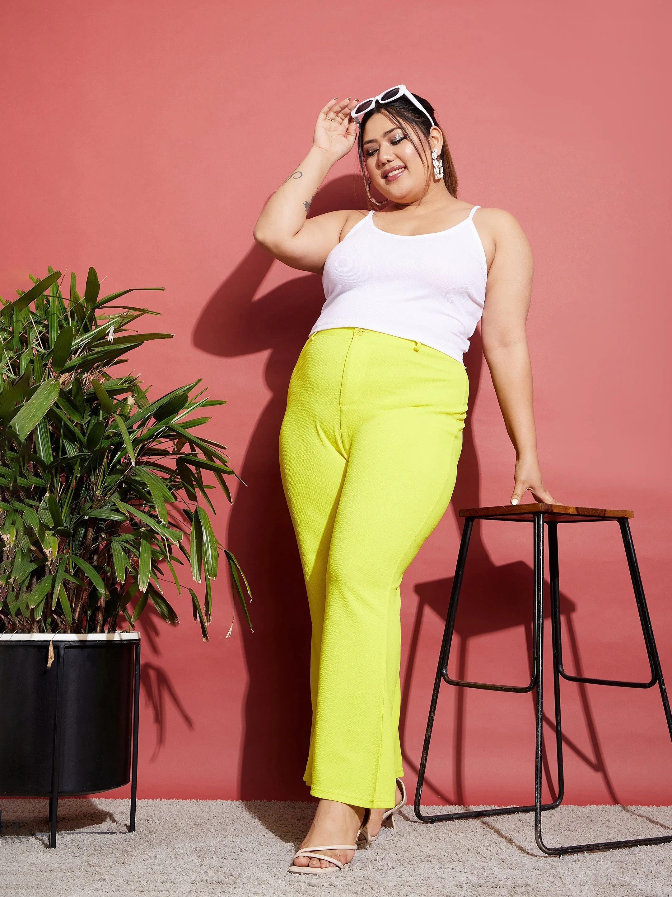 Women Neon Yellow Bell Bottom Pants