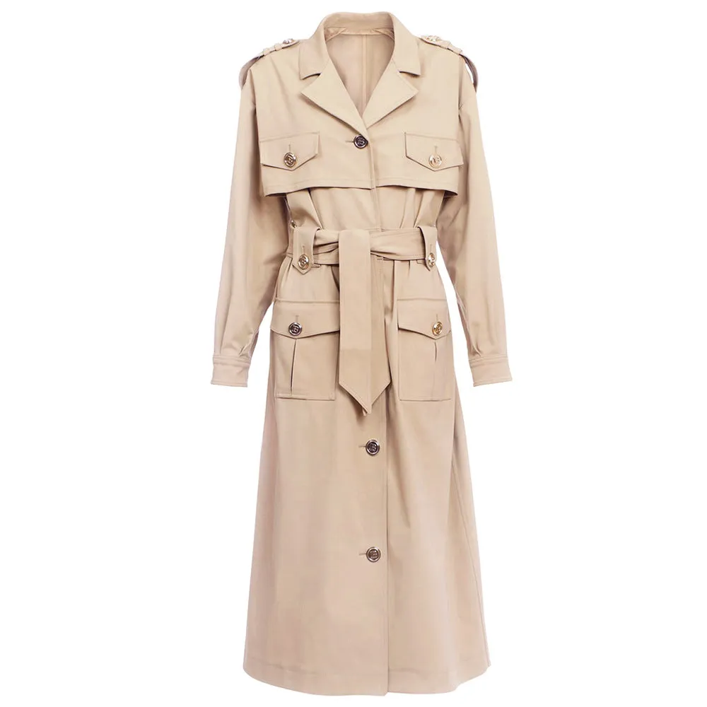 Women over-sized cotton-blend trench-coats belted twill wind coat