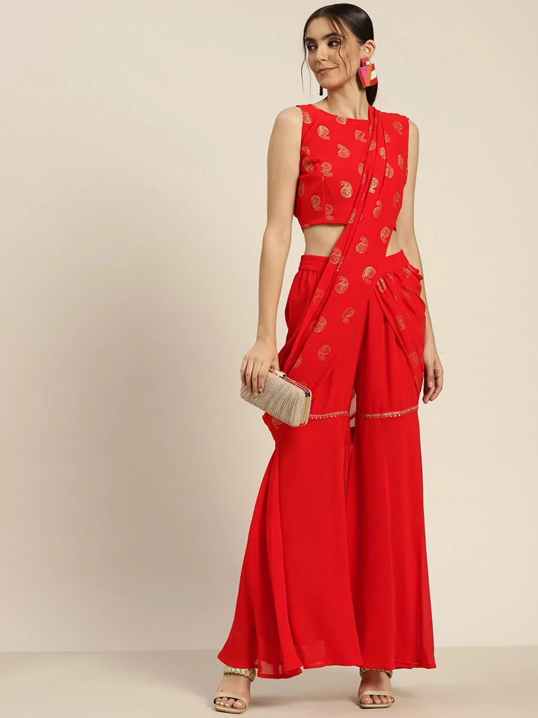 Women Red Sharara Pants With Attached Pallu