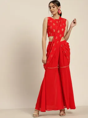 Women Red Sharara Pants With Attached Pallu