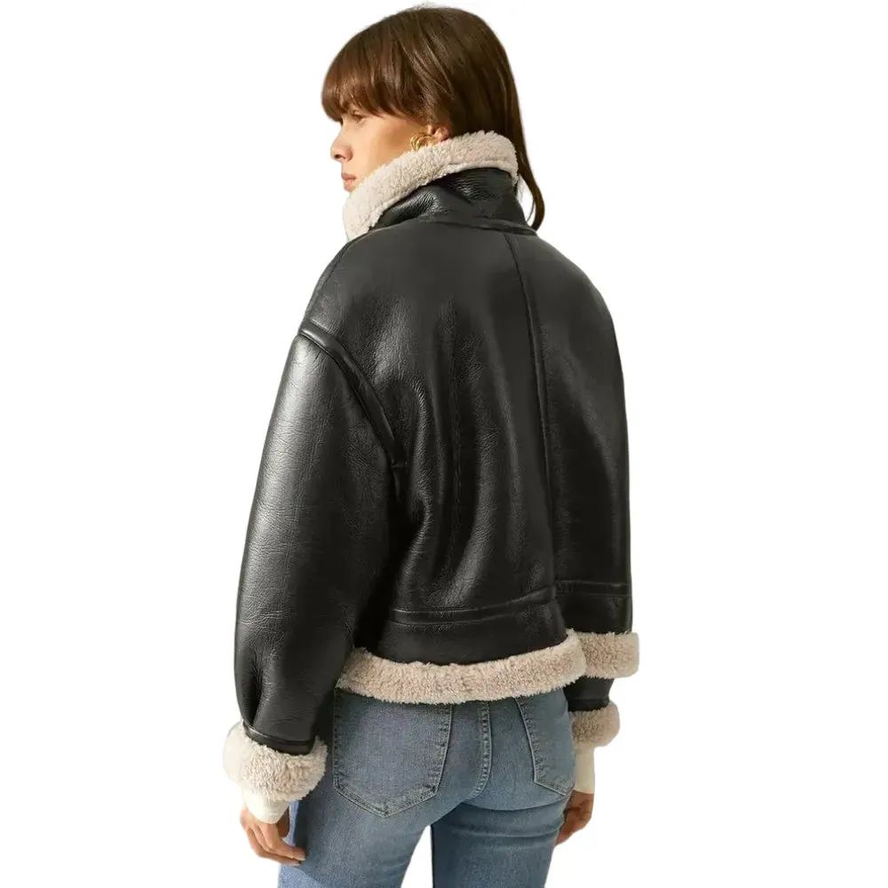 Womens Black Leather Shearling Aviator Jacket