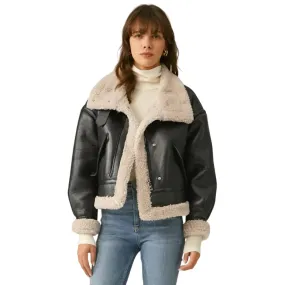 Womens Black Leather Shearling Aviator Jacket