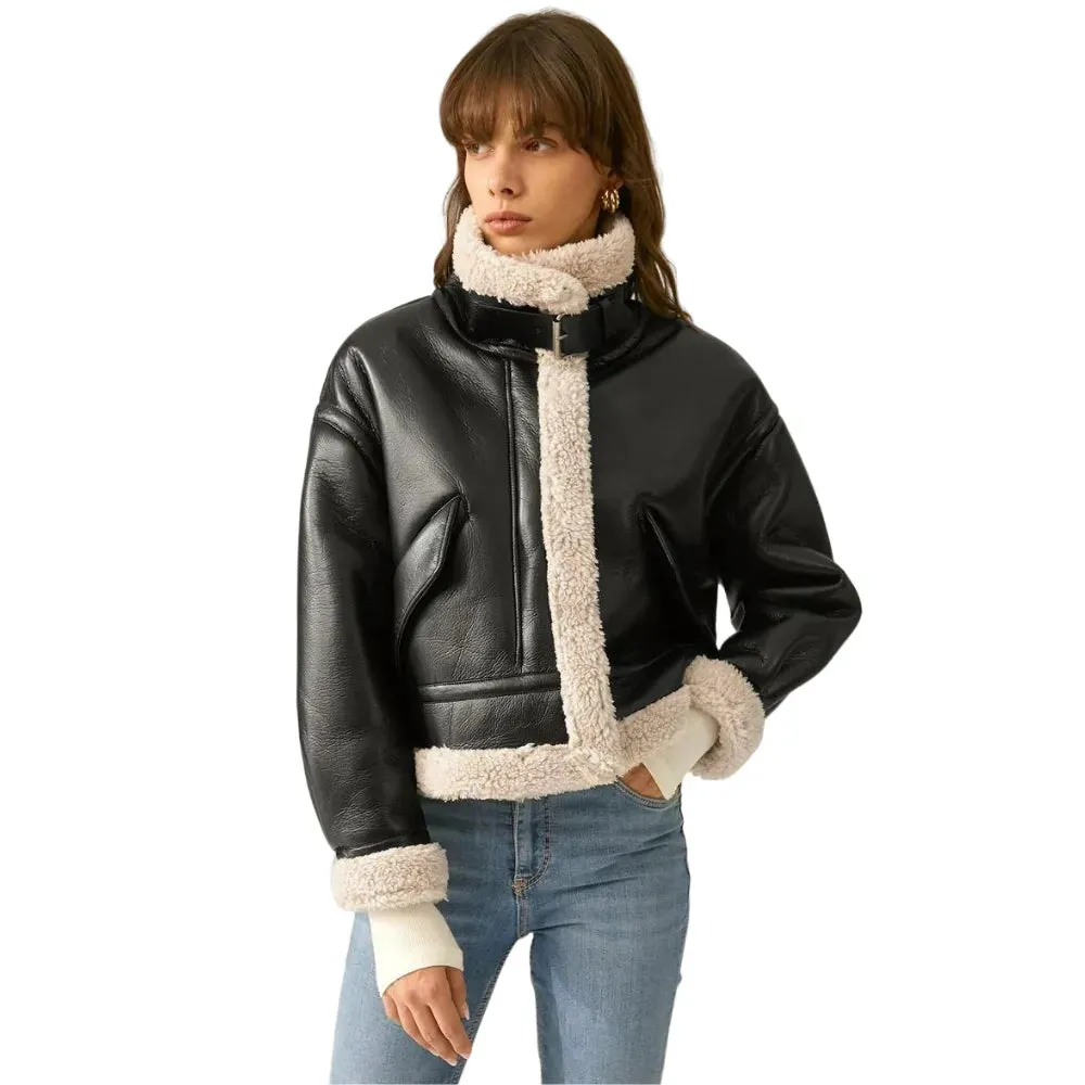 Womens Black Leather Shearling Aviator Jacket