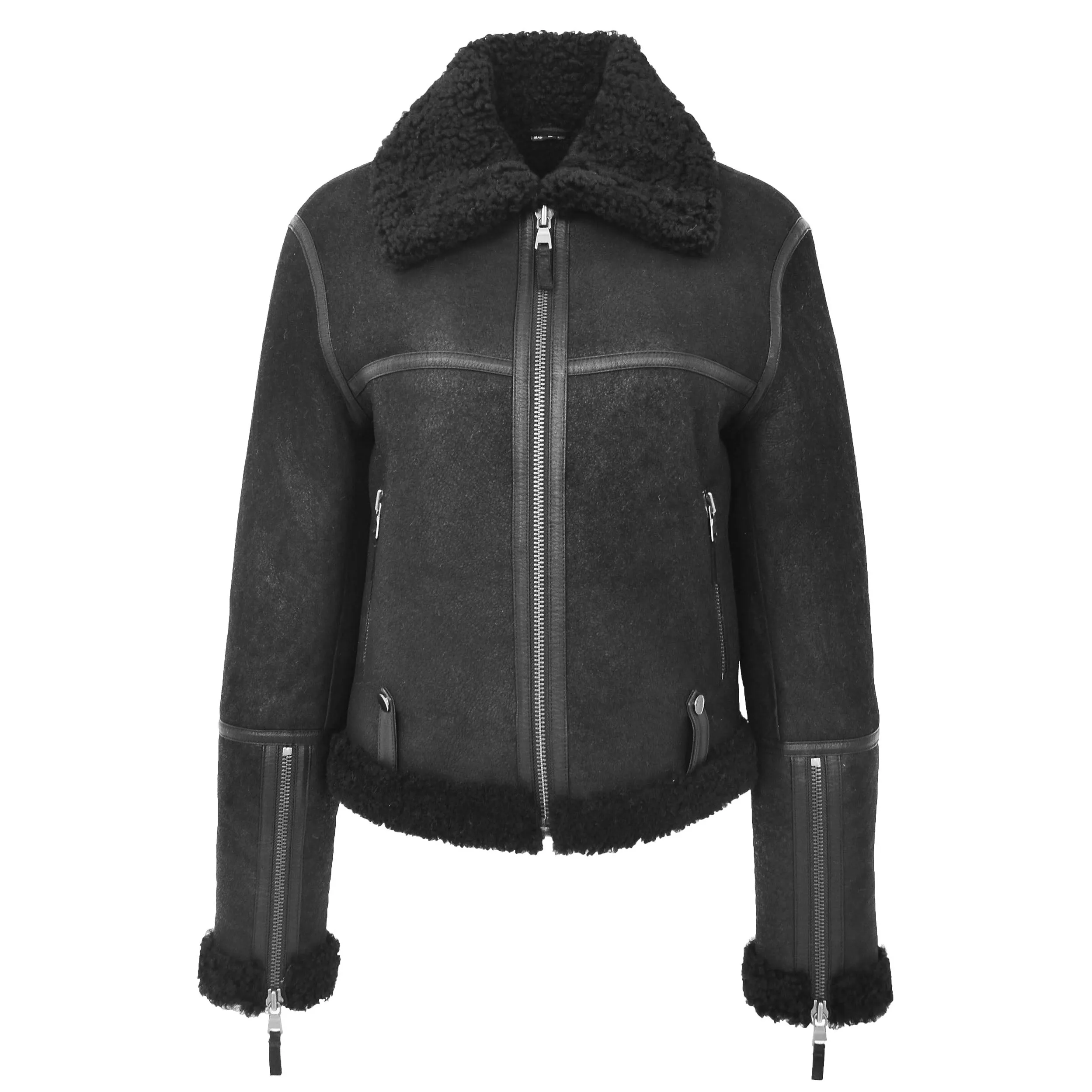 Womens Luxurious Genuine Sheepskin Flying Jacket Real Black Shearling Harriet