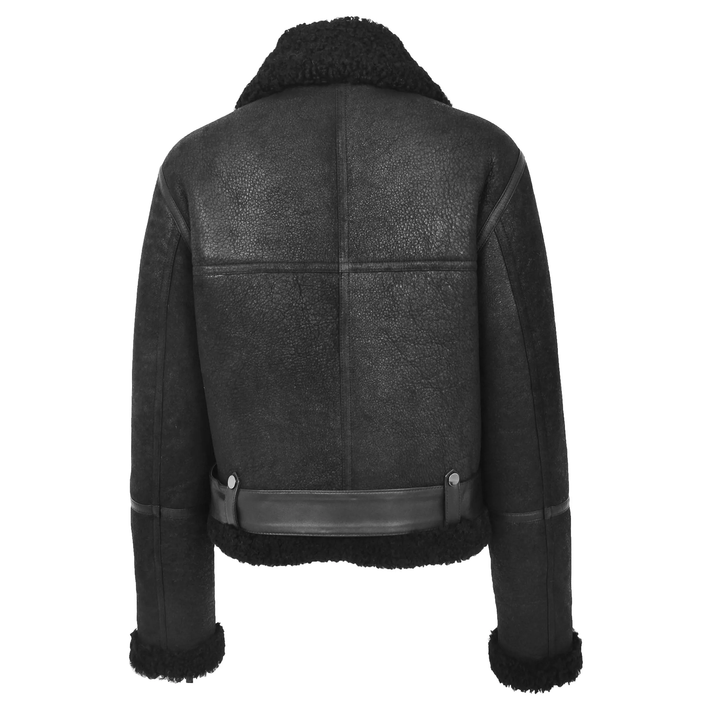 Womens Luxurious Genuine Sheepskin Flying Jacket Real Black Shearling Harriet